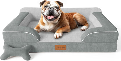 CWAWZ Extra Large Dog Bed, Orthopedic Dog Bed with Cooling Gel Memory Foam, Waterproof XL Pet Bed with Removable Washable Cover, 42" Pet Sofa Couch Dutch Velvet with Bone Toy, Light Gray