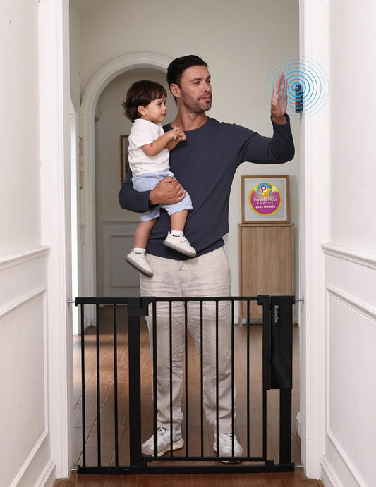 Babelio Smart Baby Gate with Auto-Unlock/Close, Pressure Mounted No Drill for Doorways/Top of Stairs. Pet/Dog Door Wide Walk Thru w/Infrared Sensor & Safety Alert (Black, 26.3-37.8" W, 30" H)