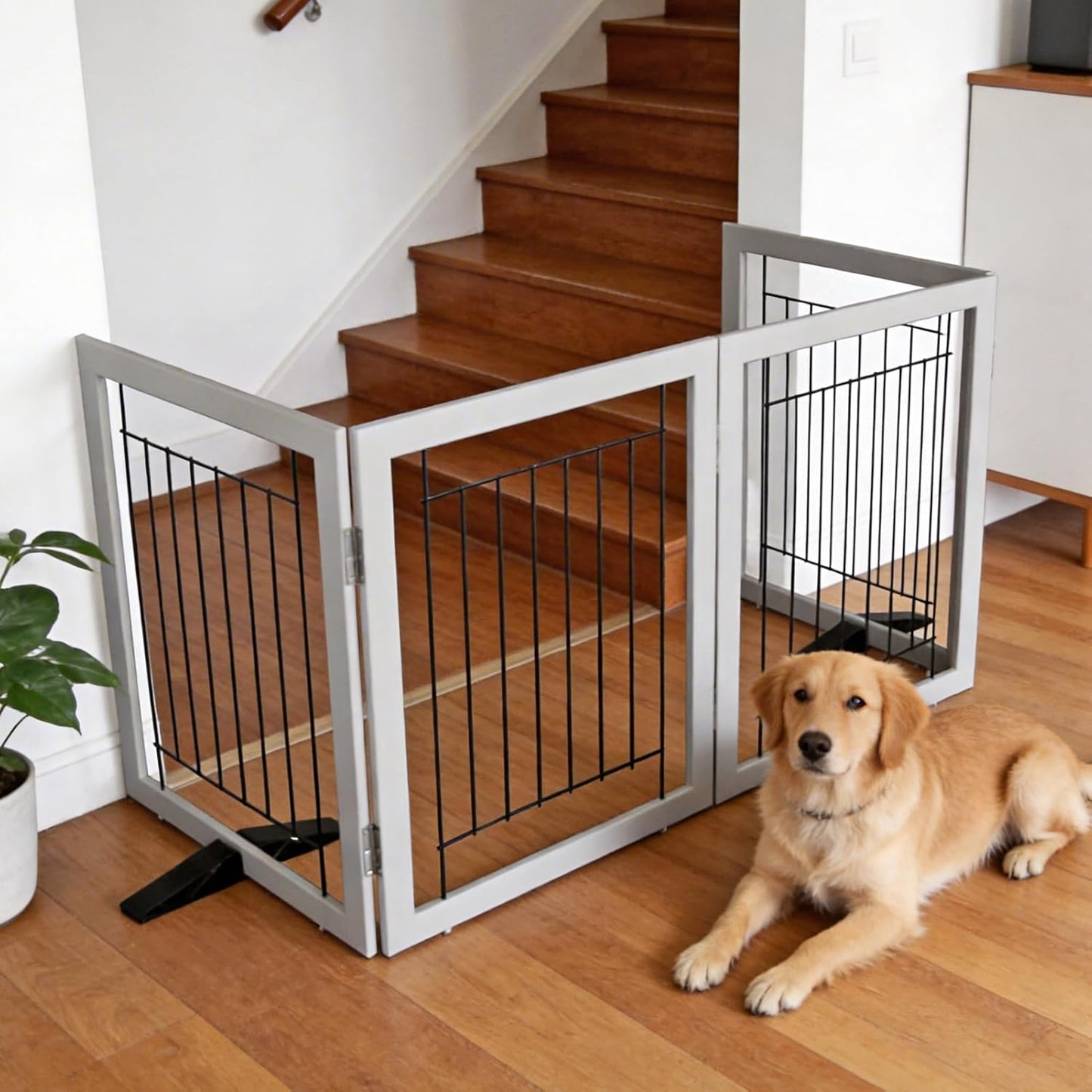 ZJSF Freestanding Dog Gate Indoor, Foldable Dog Fence for Doorways,Hallways or Stairs, Sturdy Wood Extra Wide Pet Gate with Support Feet,Black,24 "Height-3 Panels