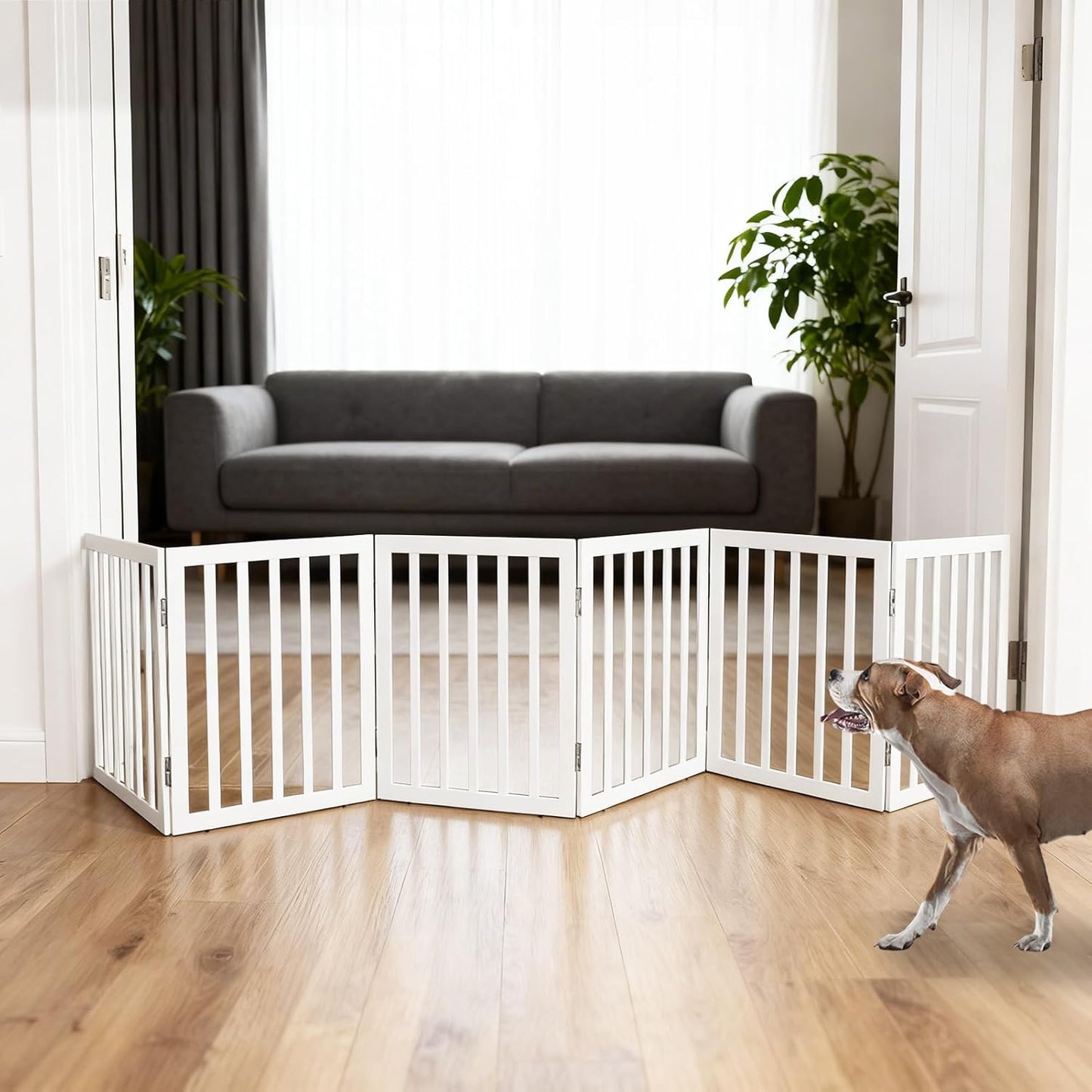 ZJSF Freestanding Indoor Dog Gate for House Foldable Wood Brown Puppy Gate for Doorways Pet Gate for Stairs Extra Wide Pet Fence 24" Height 2 Panels