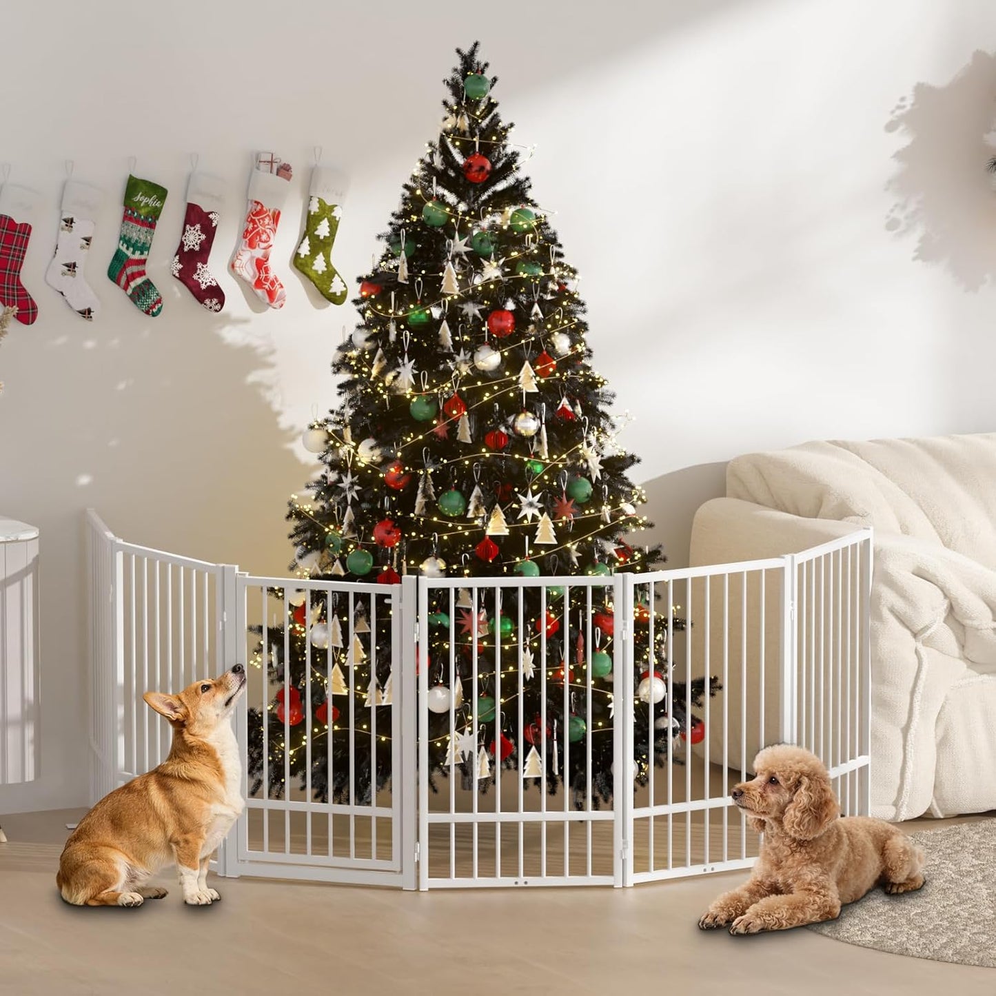 SNUOWU Full Metal Freestanding Dog Gate with Door, 32''Height Foldable Pet Dog Fence for Indoor & Outdoor, 4 Panels Extra Wide Free Standing TallDog Gates for Doorways,House,Stairs,Porch,Deck,Yard