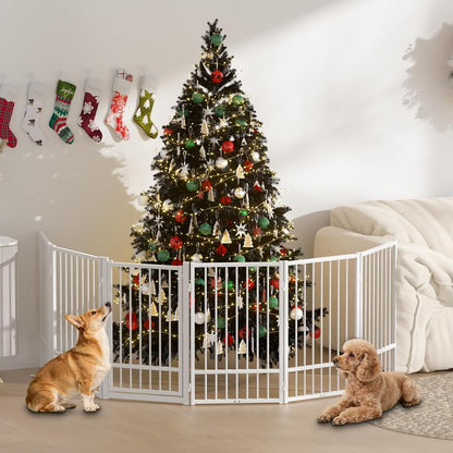 SNUOWU Full Metal Freestanding Dog Gate with Door, 32''Height Foldable Pet Dog Fence for Indoor & Outdoor, 4 Panels Extra Wide Free Standing TallDog Gates for Doorways,House,Stairs,Porch,Deck,Yard