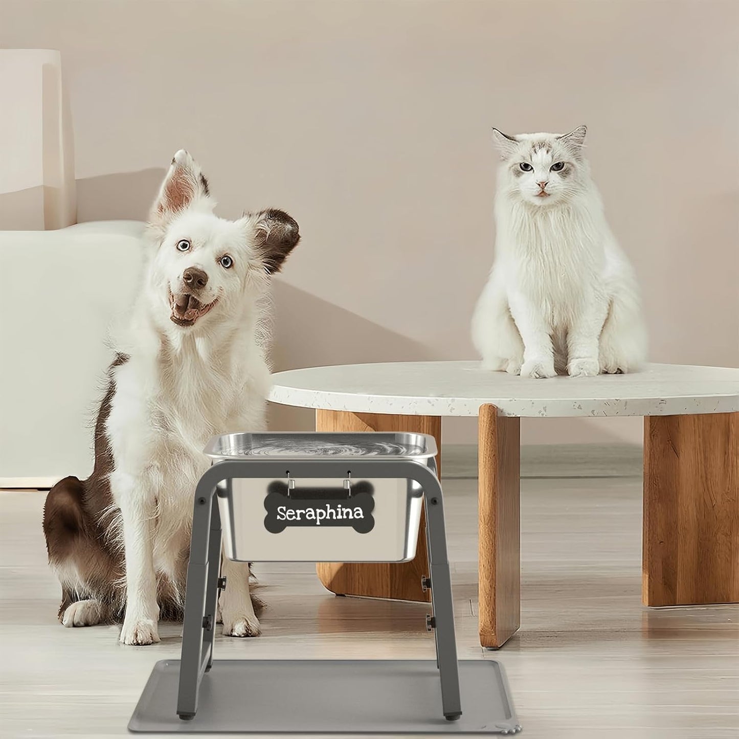 1.2 Gallon Elevated Large Dog Water Bowl with Mat, 4 Height Adjustable 12-17", Raised Dog Water Bowl Stand for Large Breed