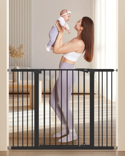 keny 29.7"-46" Baby Gate for Stairs, Auto Close Dog Gates for Doorways, Pressured Mounted No Drilling Pet Gate Extra Wide, One-Hand Opening Dual Lock Stair Gate, Indoor Kids Necessities, Black