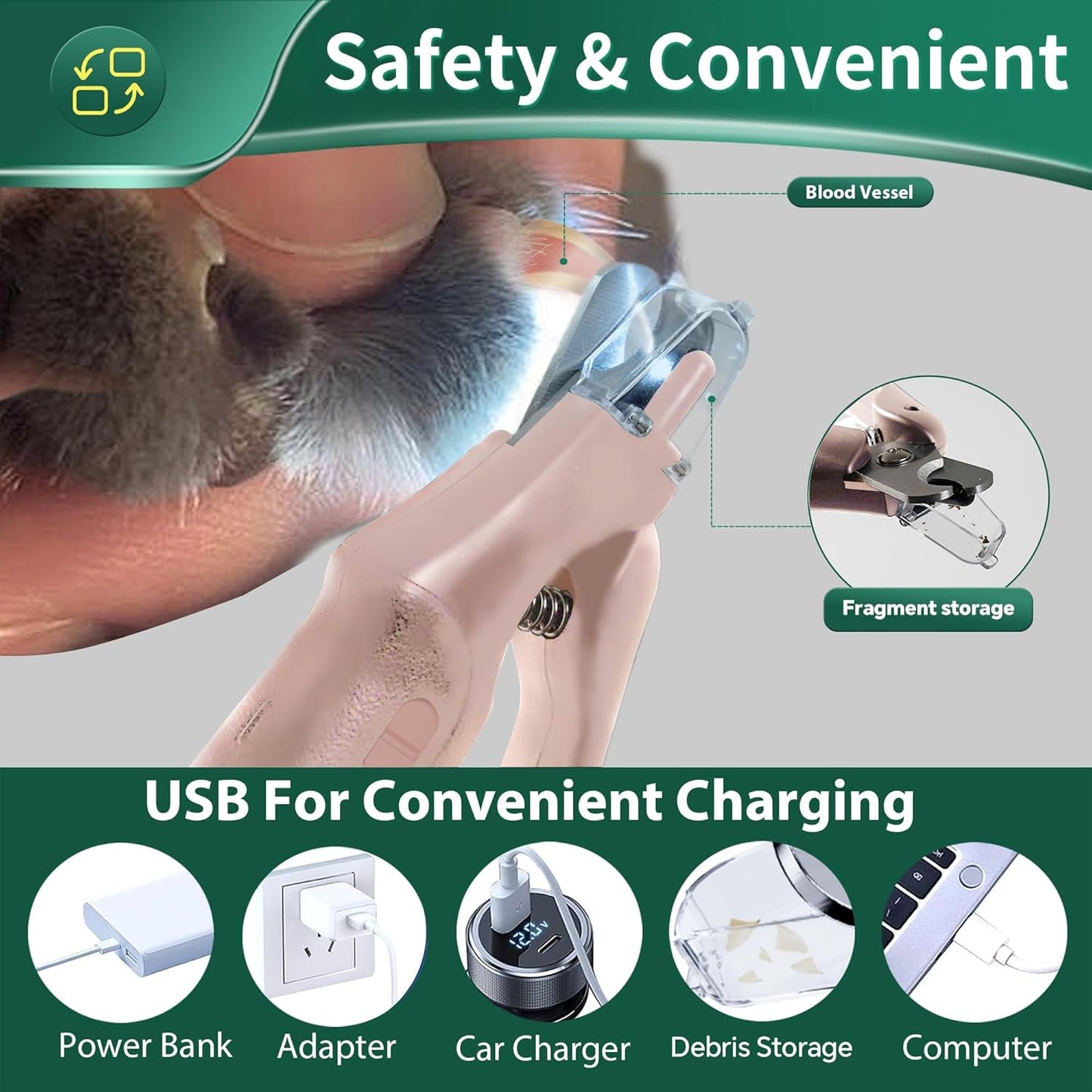 2 in 1 Dog Nail Clippers & Cat Nail Clippers Trimmers for Large Medium Small Dogs Cats Claw Trimmer Quick Sensor and Safety Guard USB Rechargeable Dogs Nail Trimmer with Catcher & 2 LED Lights