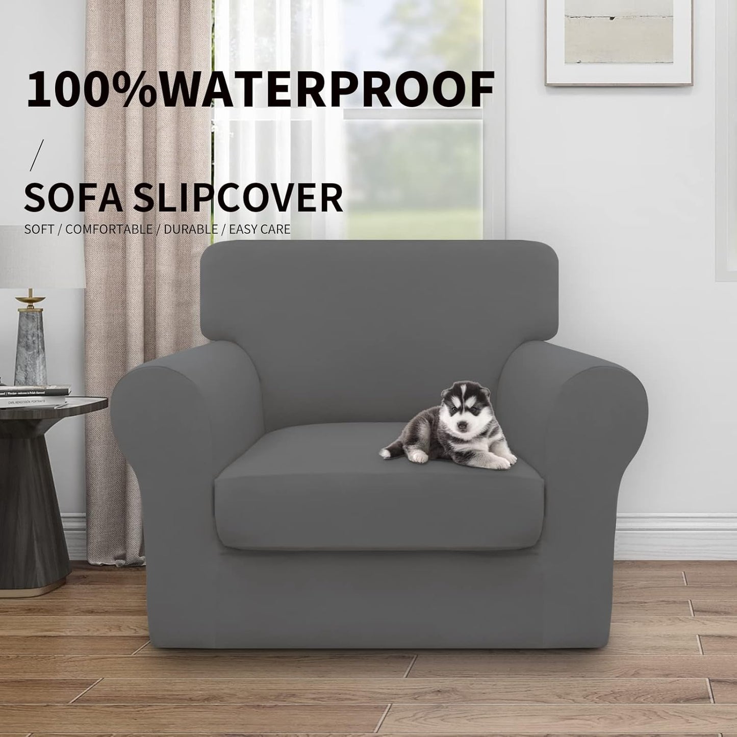 Easy-Going 100% Dual Waterproof 4 Pieces Stretch Soft Couch Cover for Dogs, Sofa Slipcover for 3 Separate Cushion Couch Leakproof Furniture Protector for Kids, Pets Dark Gray