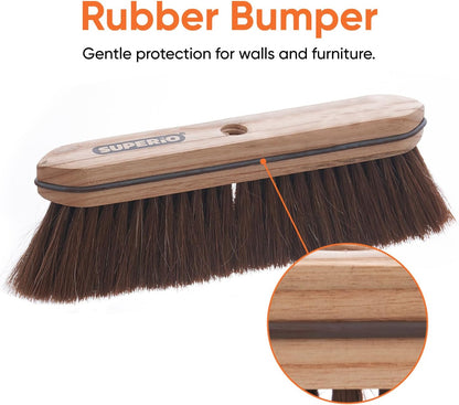 Superio Kitchen and Home Horsehair Broom With Wood Handle, Fine Premium Bristles - Heavy Duty Household Broom Easy Swiping Dust And Wisp Floors And Corners , 12" sweeping head