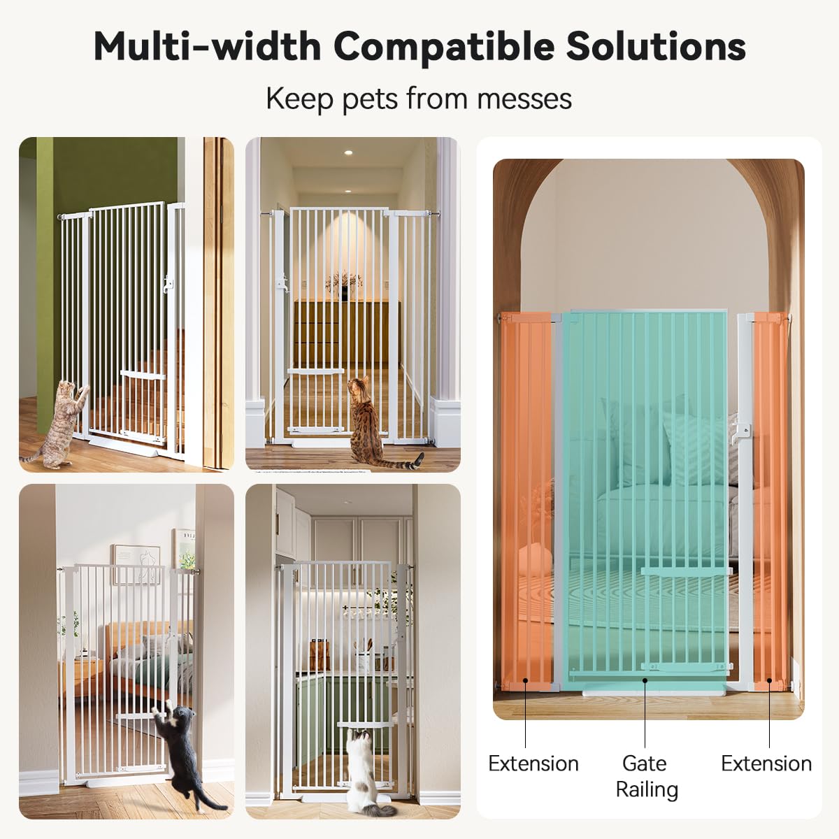 COMOMY 55.1" Extra Tall Pet Gate for Cats, Extra Wide Cat Gate with Adjustable Cat Door, Pressure Mounted Easy Walk Through Pet Gate with Door for Stairs, Doorways, Kitchen(White, 29.5-40.6")