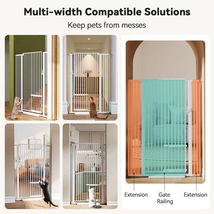 COMOMY 55.1" Extra Tall Pet Gate for Cats, Extra Wide Cat Gate with Adjustable Cat Door, Pressure Mounted Easy Walk Through Pet Gate with Door for Stairs, Doorways, Kitchen(White, 29.5-40.6")