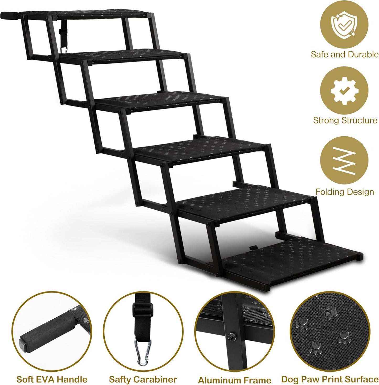 Dog Stairs for Car - Foldable Dog Ramps for Large Dogs with Non Slip Surface, Portable Dog Steps for Cars and SUV, Truck, Support Up to 200 Lbs