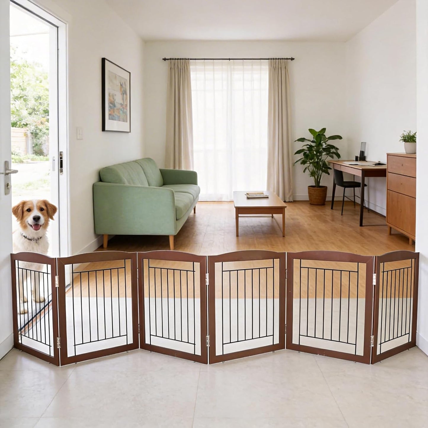 ZJSF Freestanding Foldable Dog Gate for House Extra Wide Wooden White Indoor Puppy Gate Stairs Doorways Pet Gate Tall Dog Fence 3 Panels Fence