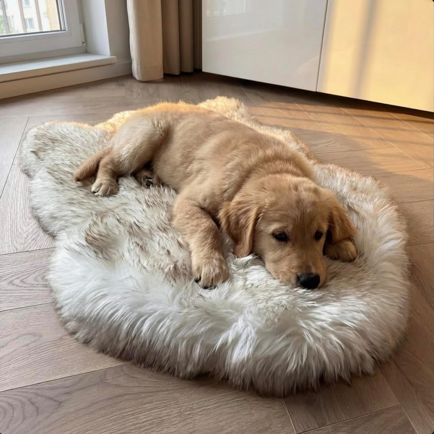IHAPPYDOG Luxury Faux Fur Orthopedic Dog Bed, Memory Foam Dog Bed for Small, Medium, Large and XL Pets, Fluffy Pet Bed with Waterproof and Washable Cover (White w/Brown Tips, 50"x30")