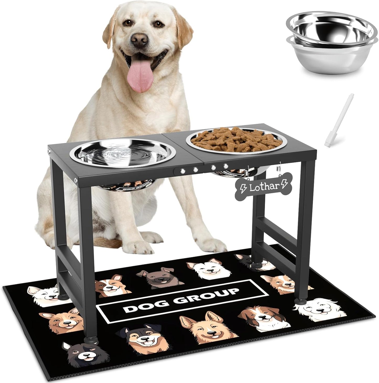ADENGL Elevated Dog Bowls, 10" Tall Height, Raised Bowl Stand with 2 Stainless Steel Food Feeder Bowls (58oz) and Spill-Proof Mat for Medium Large and Small Breeds
