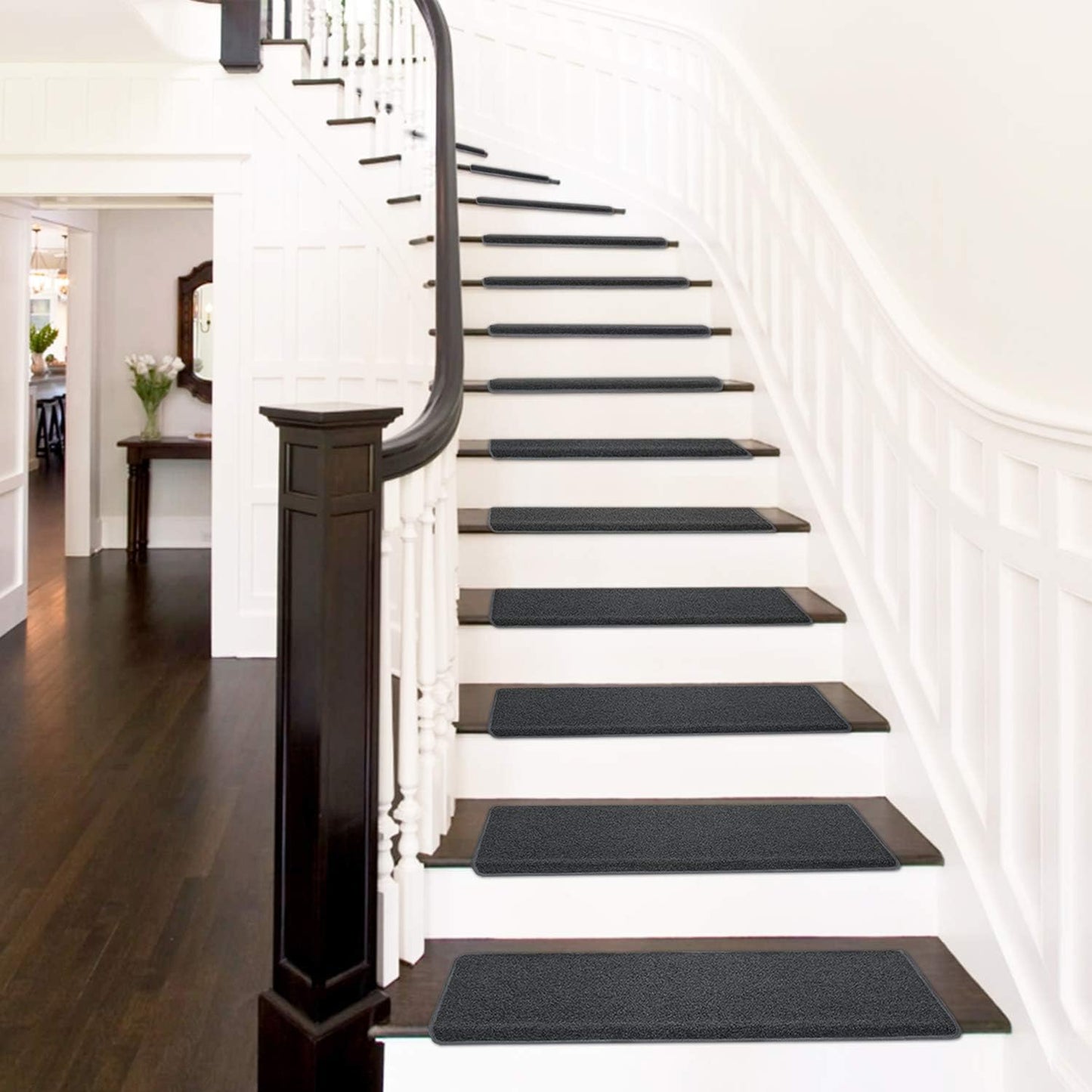 PURE ERA Bullnose Carpet Stair Treads Set Tape Free Non-Slip Indoor Stair Protectors Pet Friendly Rugs Covers Soft Skid Resistant Washable Reusable 9.5" x 30"(14 Pieces,Cream Gray)