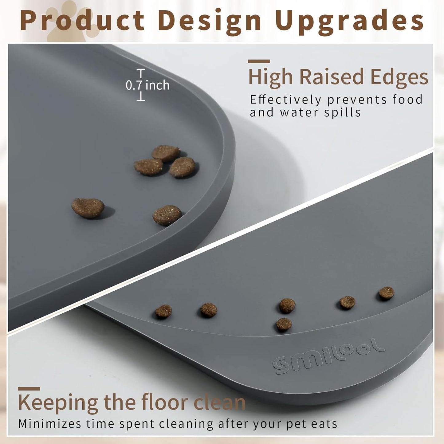Smilool Silicone Pet Food Mat with Raised Edge for Food and Water Bowl, Dog Feeding Mats, Cat Food Trays for Floor Waterproof, Rubber Tray for Dogs and Cats, 19 x 12 x 0.7 Dark Brown
