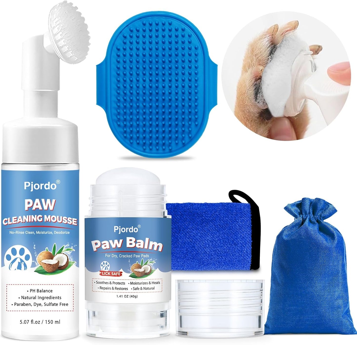 Pjordo Dog Paw Cleaner Kit, No-Rinse Foaming Cleanser for Dogs and Cats, Dog Paw Balm for Heal Dry Cracked Paws & Nose, Pet Foot Washer Paw Scrubber for Large Medium Small XL Breed Dogs