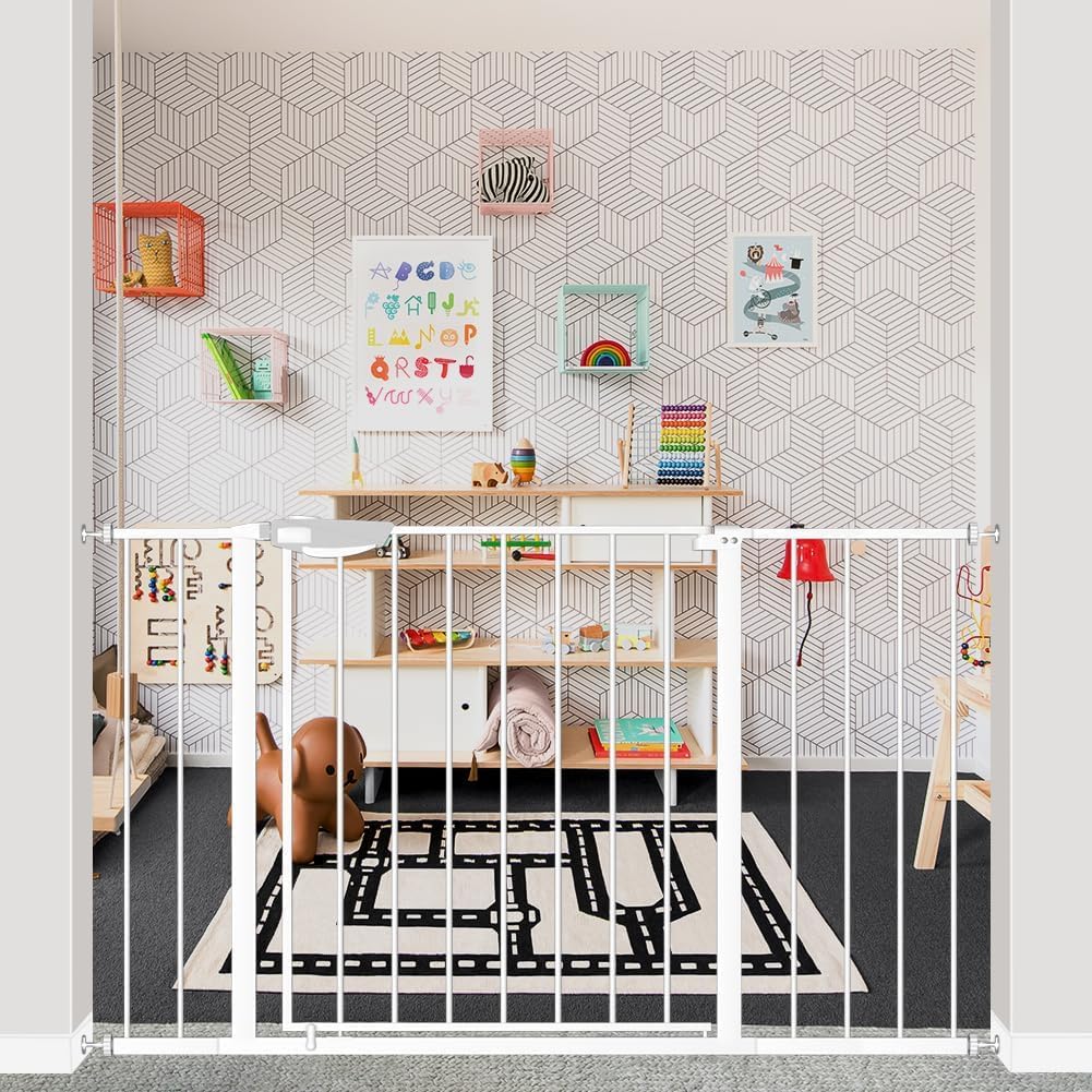 DEARBB Triple Lock Baby Gate for Stairs Doorways and House 31" to 86" Extra Wide Pressure Mounted Easy Walk Through Auto Close Safety Pet Gate White 49.21-67.32"