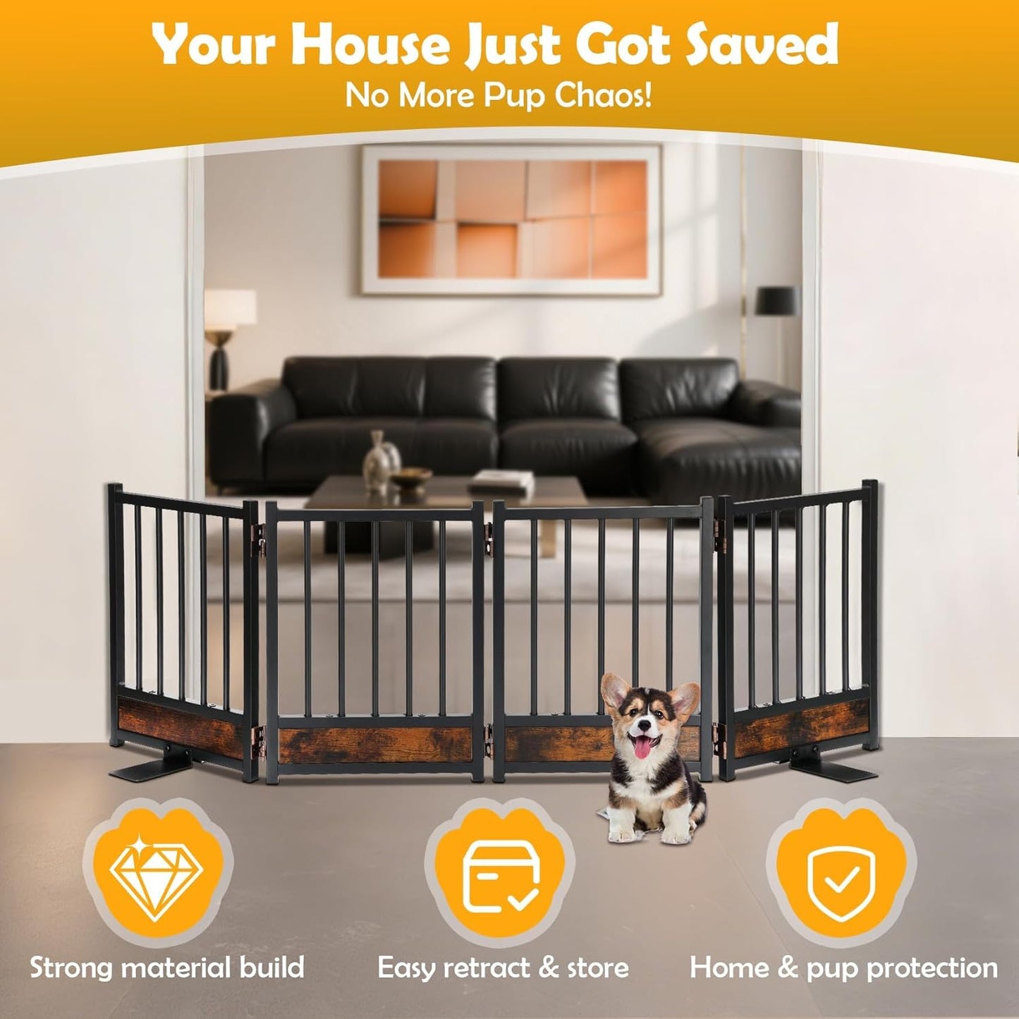 Freestanding Short Dog Gate, 16" Tall Pet Gate Indoor with Support Feet Easily Step Over, 4 Panel Metal Wood Foldable Pet Dog Gate, Up to 48" Wide Puppy Fence, Puppy Gate for for Doorway&Hallway Black