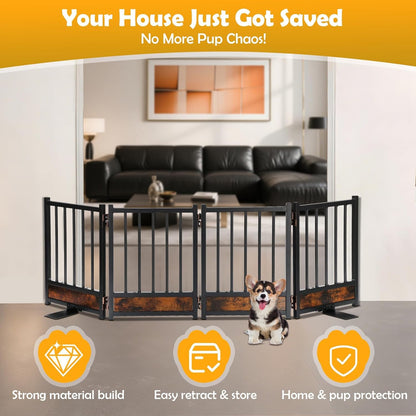 Freestanding Short Dog Gate, 16" Tall Pet Gate Indoor with Support Feet Easily Step Over, 4 Panel Metal Wood Foldable Pet Dog Gate, Up to 48" Wide Puppy Fence, Puppy Gate for for Doorway&Hallway Black