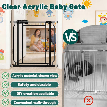 Fairy Baby Triple Lock Clear Baby Gate for Doorways, 57.6”-66.8” Extra Wide Acrylic Dog Gate for Stairs, Safety Child Gate Pressure Mounted No Drill, Auto Close Clear Pet Gate One-Hand Opening, Black