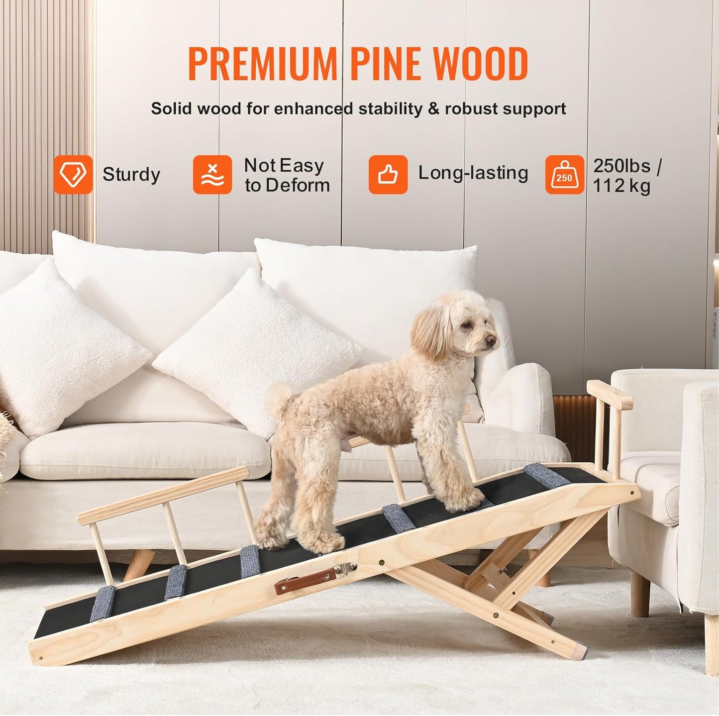 VEVOR Dog Ramp, Folding Pet Ramp for Bed, Adjustable Dog Ramp for Small, Large, Old Dogs & Cats, Wooden Pet Ramp with 39.3" Long Ramp, Adjustable from 15" to 22", Suitable for Couch, Sofa, Car