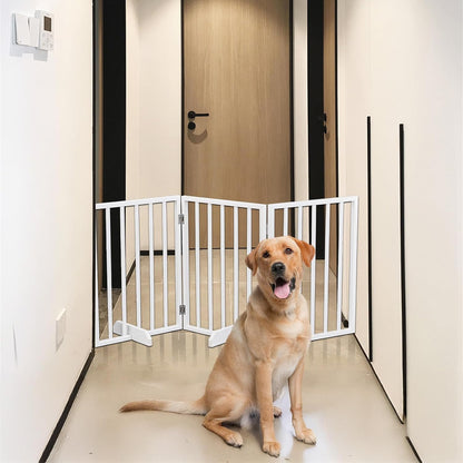4 Panels Wooden Dogs Fence,Free Standing Pet Gate for Dog Cat,Wooden Indoor Foldable Dog Gate,Wide Pet Puppy Safety Fence,with Support Feet,for Hallways, Stairs, Doorways, Halls, Kitchen (Brown)