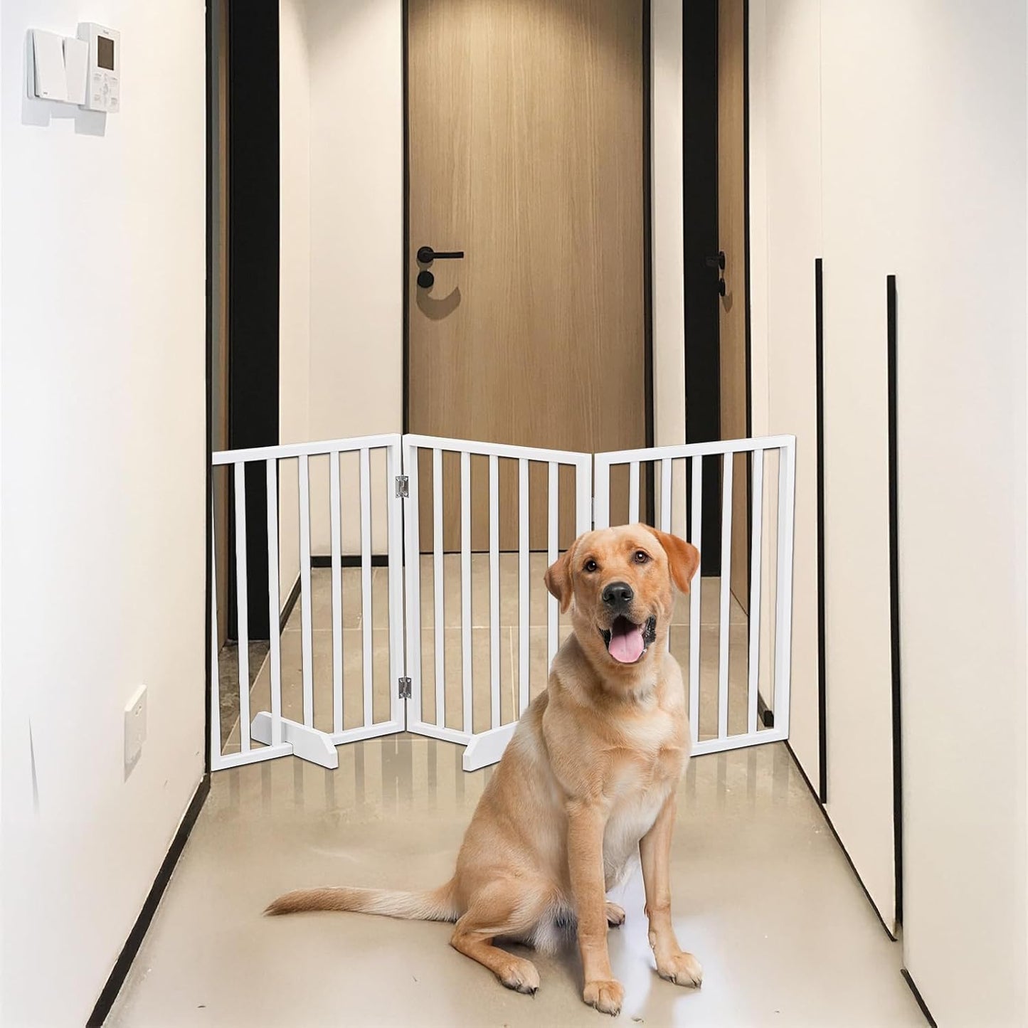 Outvita 4-Panel Indoor Foldable Dog Gate for Stairs, 24" H Retractable Wood Pet Freestanding Dog Fence, Pet Gate with Support Feet for Stairs, Hallways, Doorways, Front Porch, Fireplace, White