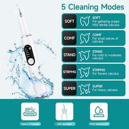 Dog Teeth Cleaning Kit Dog Plaque and Tartar Remover with LED Light 5 Adjustable Modes Electric Toothbrush Pet Teeth Cleaner for Dogs and Cats (White and Blue Finger Cots)