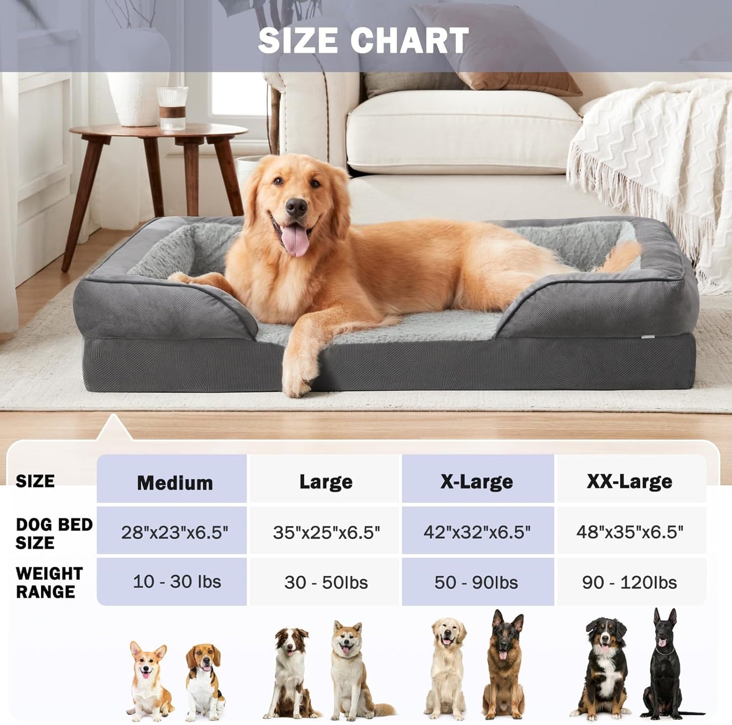INVENHO Orthopedic Dog Beds Large Sized, XL Washable Dog Sofa with Egg-Crate Foam, Waterproof Lining and Non-Skid Bottom