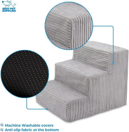Best Pet Supplies Foam Pet Steps Cover for Small Dogs and Cats, Portable Ramp Stairs for Couch, Sofa, and High Bed Climbing (Cover Only) - Ash Gray Linen, 3-Step (Cover Only)