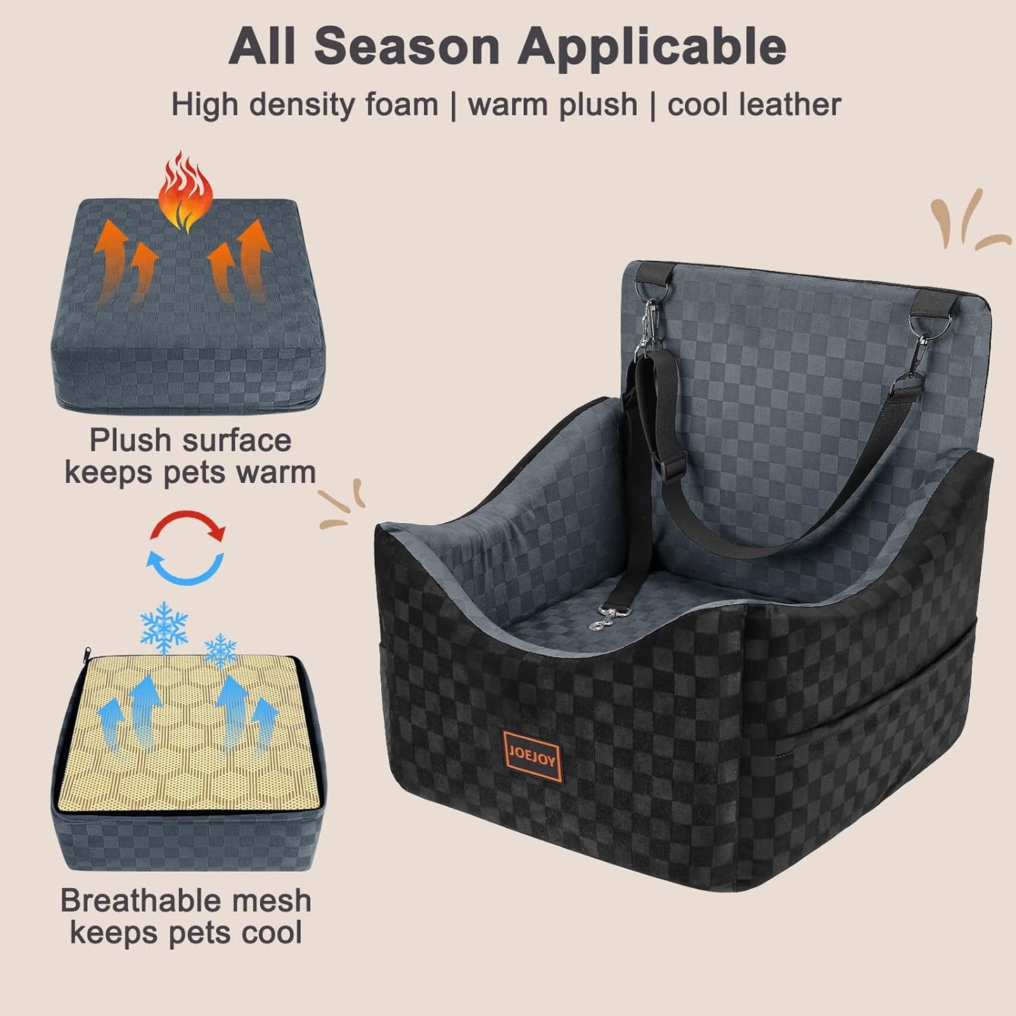 JOEJOY Elevated Dog Car Seat for Small/Medium Dogs up to 35 lbs, Memory Foam Booster Seat with Detachable Washable Cover, Travel-Safe Car Bed with Safety Belts & Storage Pockets, Grey