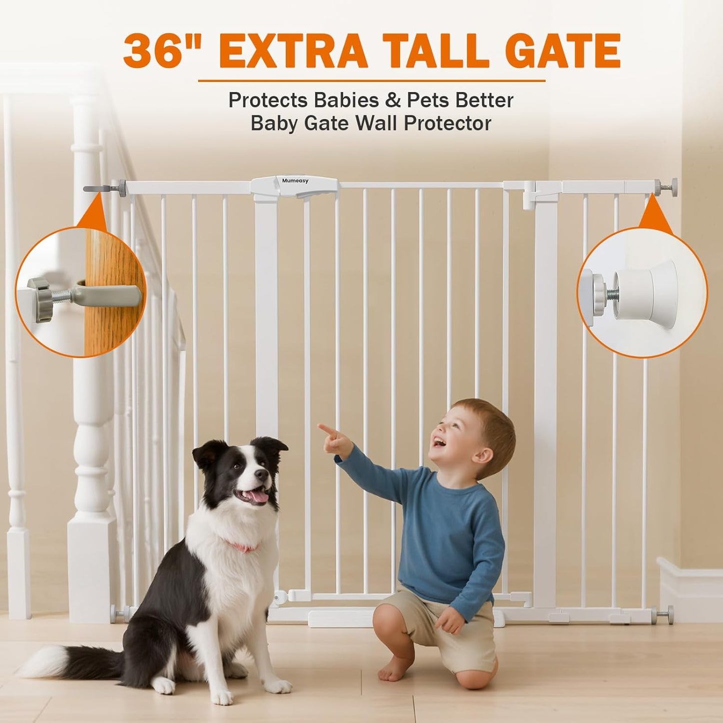 Mumeasy Baby Gate Extra Wide, 29.7-51'' Pressure Mounted Dog Gate with Walk Thru Door, Auto Close Pet Gate for House, Stairs, Doorways,Black