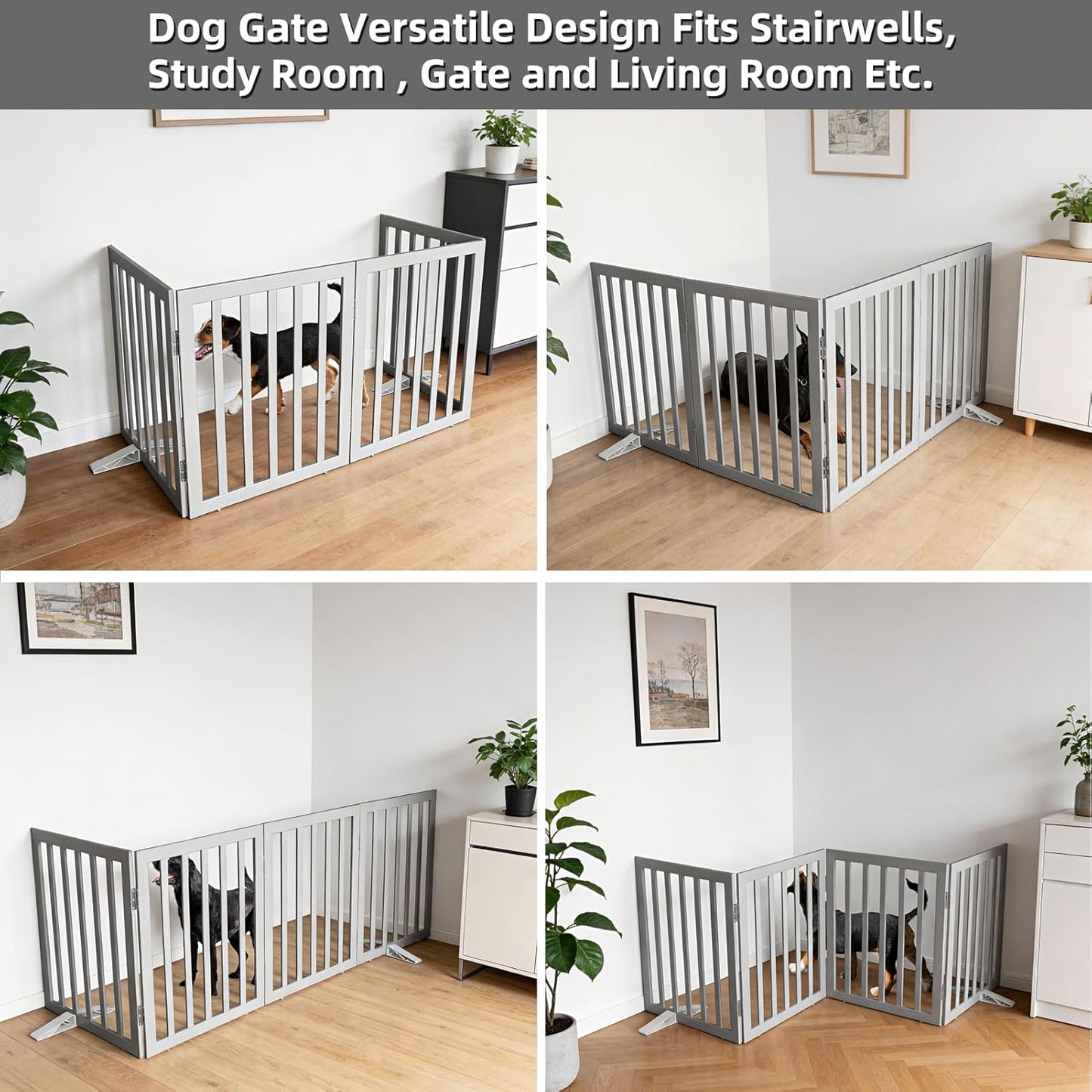Dog Gate Indoor, Freestanding Dog Fence for The House, Doorways, Hallways,or Stairs,Pet Gate Foldable Wooden,Expandable 24" Height 3 Panels,White