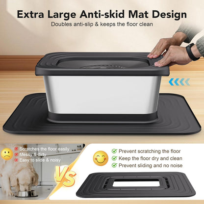 Decflow 10L Stainless Steel Dog Water Bowl, No Spill Anti-Splash Dog Bowls with XXL Silicone Mat, Spill-Proof Slow Feeder for Messy Drinkers, Heavy Duty Pet Bowls for Indoor/Outdoor Use Grey