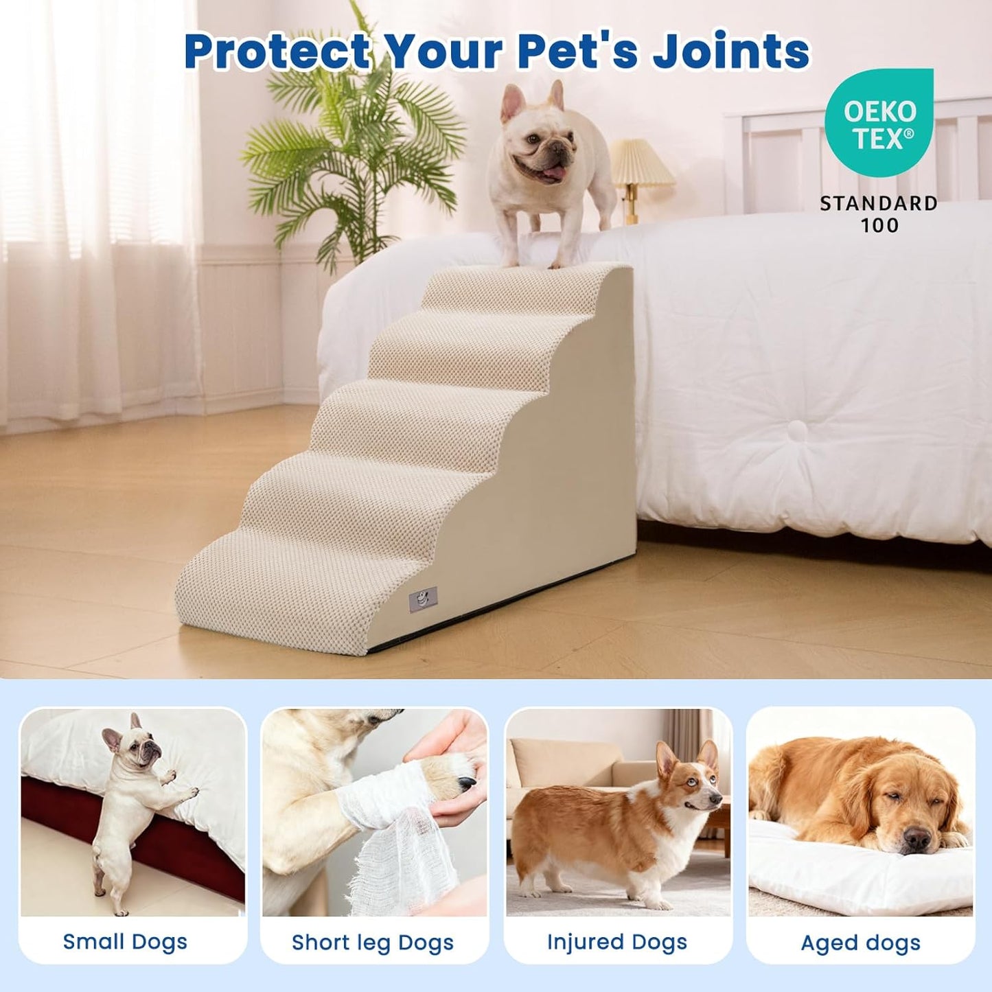 Airpanda Dog Stairs for Small Dogs and Cats – 3 Step Pet Ramp for Couch & Sofa, Non-Slip Dog Steps for Pets, Washable Cover, High-Density Support Foam for Easy Climbing,Beige
