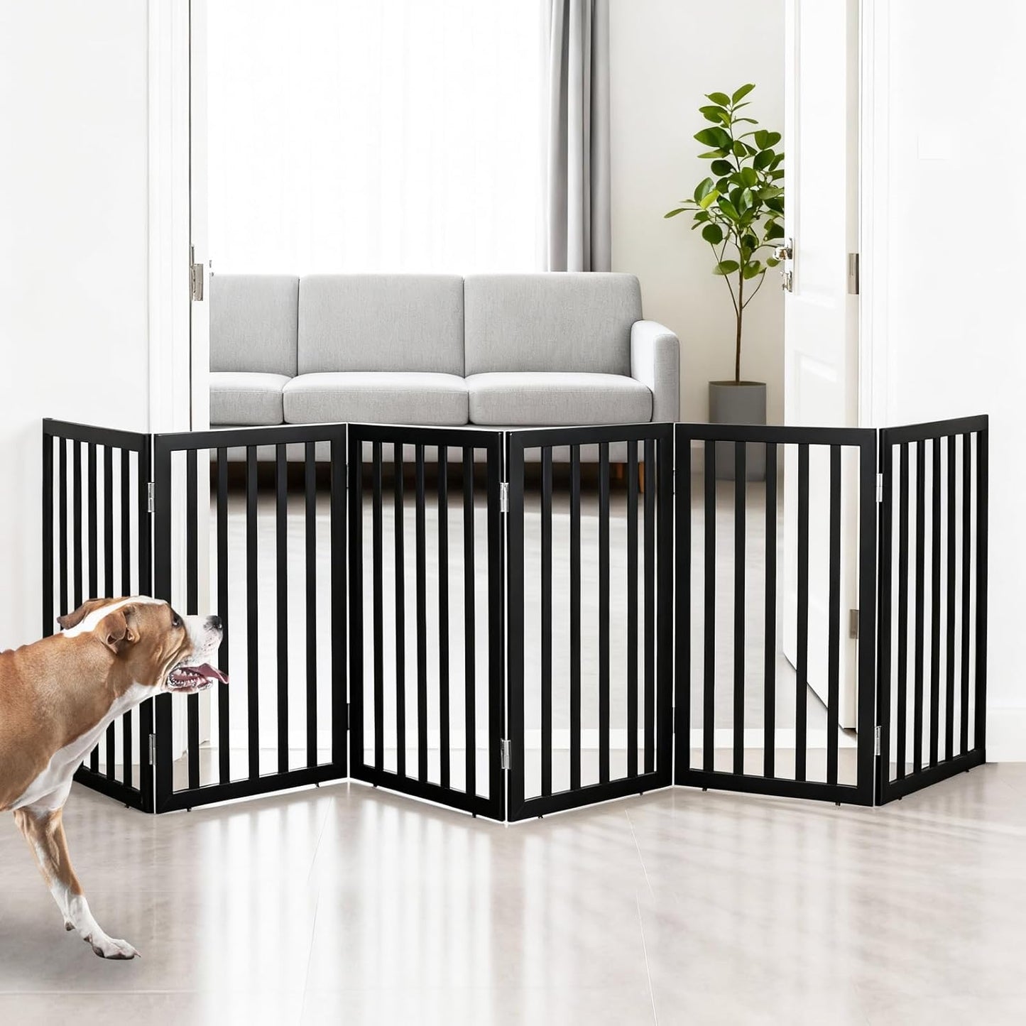 ZJSF Freestanding Indoor Dog Gate for House Foldable Wood Brown Puppy Gate for Doorways Pet Gate for Stairs Extra Wide Pet Fence 24" Height 2 Panels