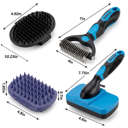 PETIMP STORE 4PCS Self Cleaning Slicker Brush, Pet Grooming Rake, Bath Brush & Massage Brush for Short/Long Haired Dogs, Cats & Horses, Pet Grooming Deshedding Tools - Pet Supplies (White Black)