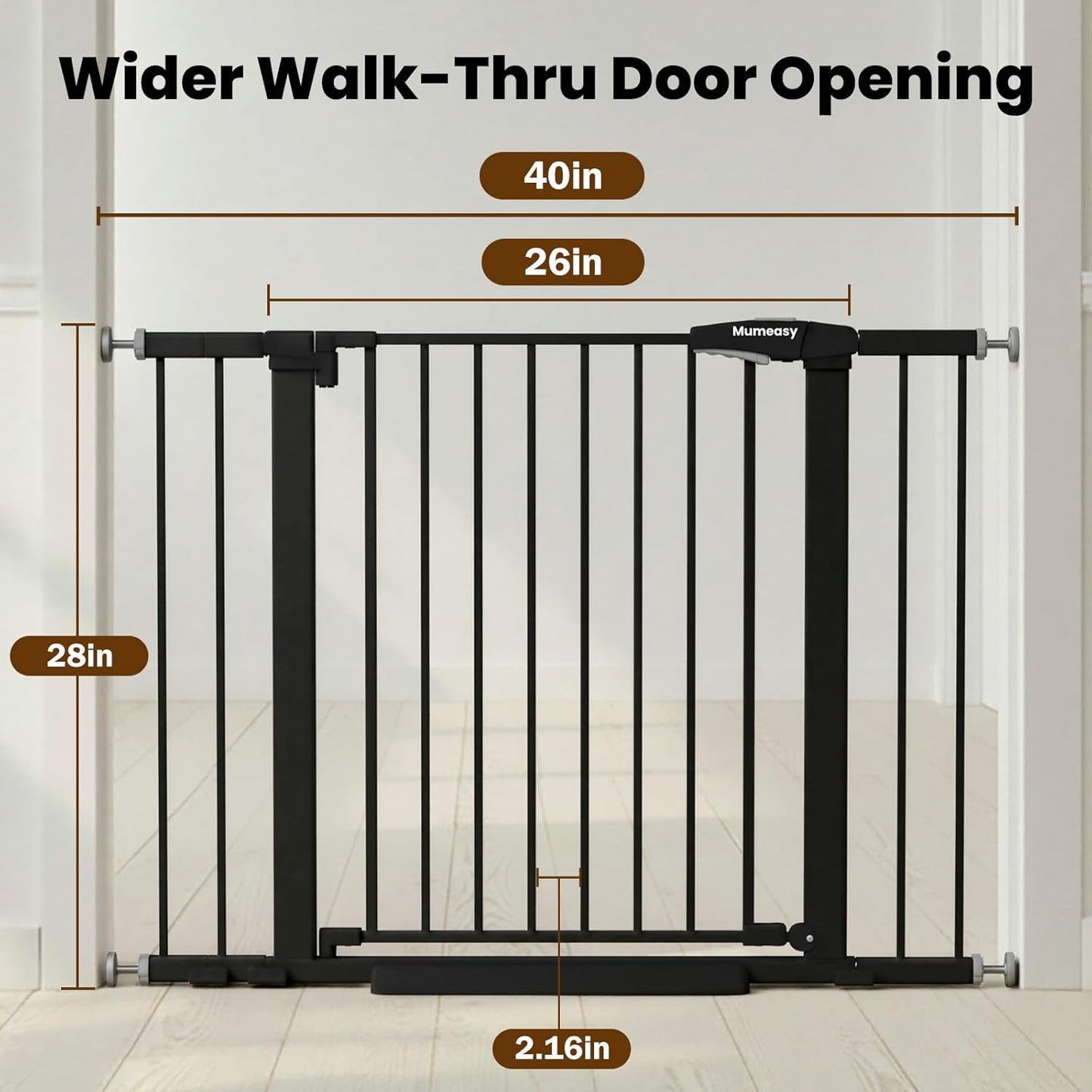 Baby Gate for Stairs, 29.7-40.6" Auto Close Dog Gate Indoor for Doorways, Dual-Lock Design, Adjustable Pet Gate No Drilling with Walk Thru Door for Hallways, Stroller Friendly, Black