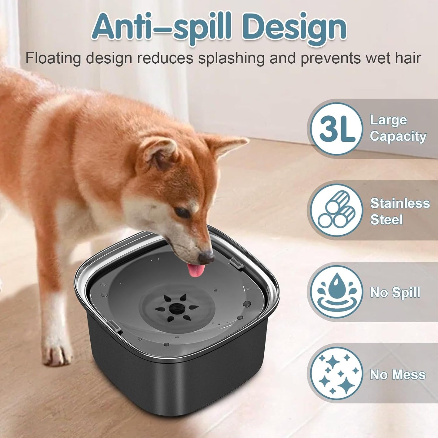 UPSKY 3L Dog Water Bowl 101oz Stainless Steel No Spill Large Capacity Dog Food Water Bowl Slow Water Feeder, Spill Proof Pet Water Dispenser Vehicle Carried Travel Water Bowl