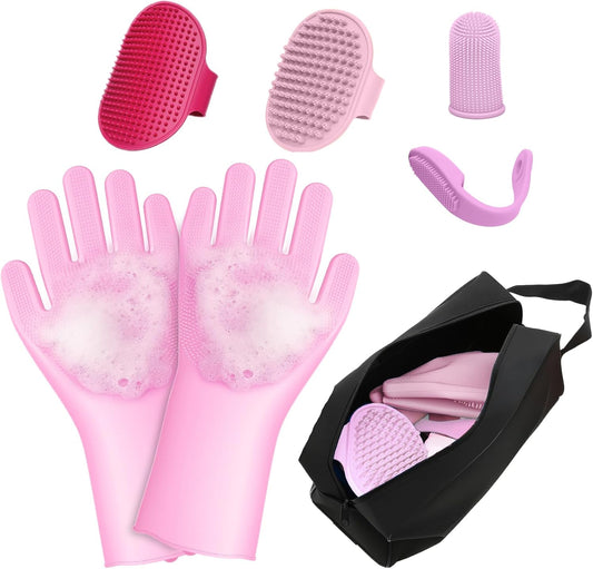 7PCS Dog Washing Gloves | Dog Bath Brush | Storage Bag | Dog Finger Toothbrush for Short & Long Haired Dogs & Cats | Efficient Deshedding Bathing & Massaging, Suitable for Pets (Sage Green)