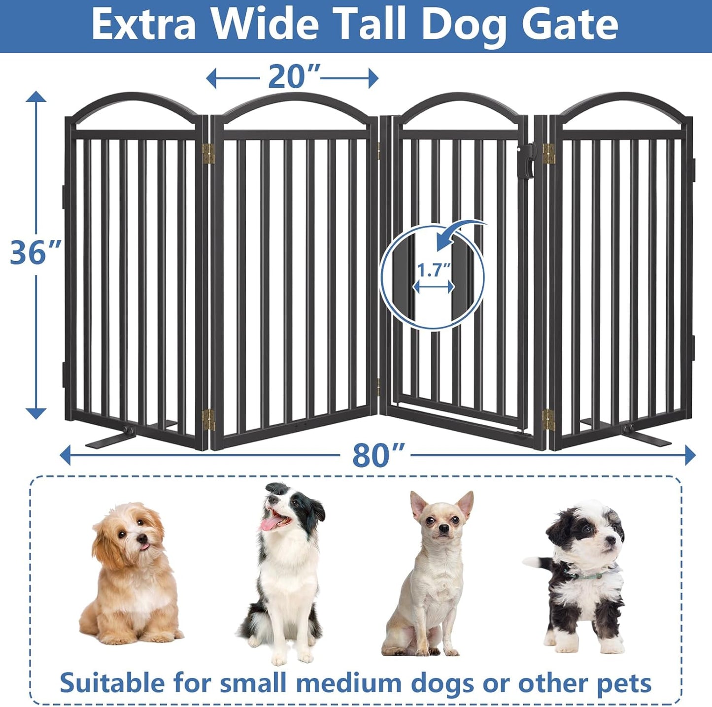 Malier Metal Freestanding Dog Gate, 32'' Height Outdoor Indoor Dog Fences, Extra Wide Foldable Puppy Gate for Stairs (Black, 【2 Panels】 40''W × 32''H)