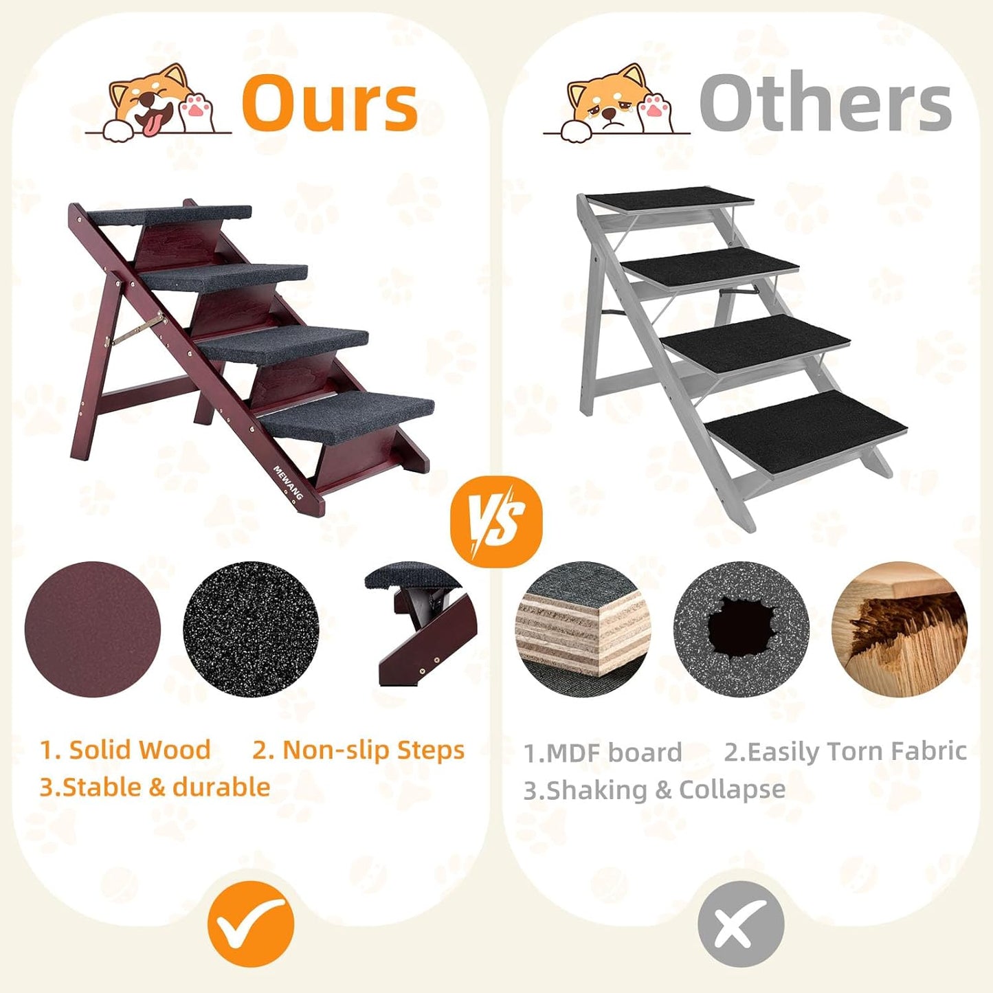 MEWANG Wooden Pet Stairs/Pet Steps - 3-in-1 Foldable Stairs & Ramp for Beds and Cars - Portable Dog/Cat Ladder Up to 220 Pounds - Great for Small and Older Animals(Brown) (24.8" L x 17.2" W x 19.5" H)