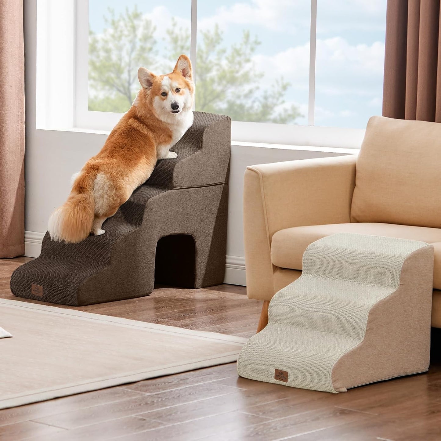Joydeco Dog Stairs for Bed 17.1" H, 3-Step Pet Steps for Small Dogs and Cats, Dog Steps for High Bed, Non-Slip Balanced Ramp Indoor Pet Stairs, Beige