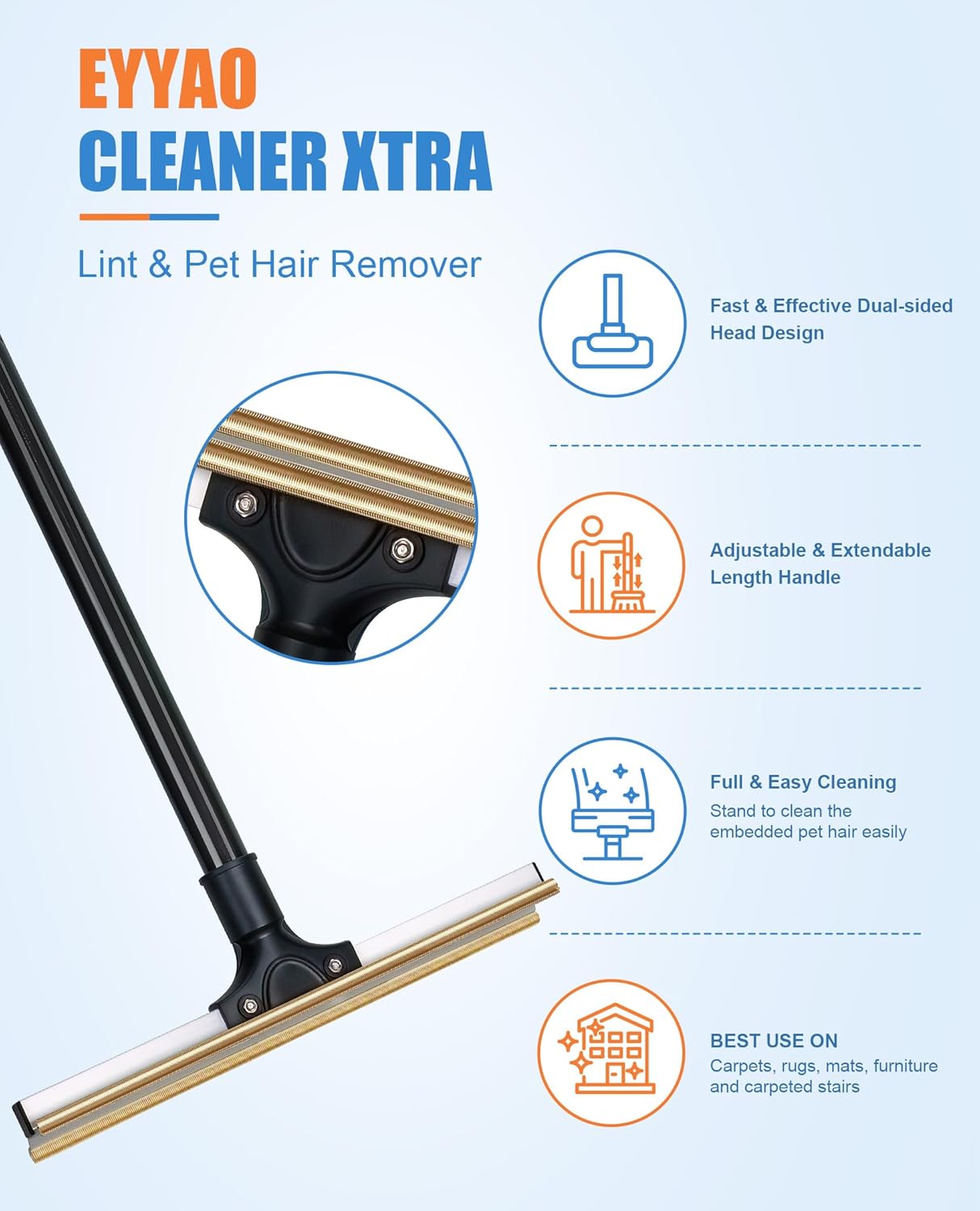 Carpet Rake for Pet Hair Removal, Reusable Dog Hair Remover with 47" Handle, Pet Hair Removal Tool with Innovative Metal Edge Design for Carpets, Rugs, Stairs, Pet Tower & Hard-to-Reach Places