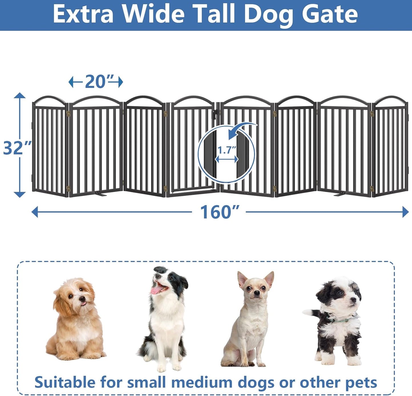 Malier Metal Freestanding Dog Gate, 32'' Height Outdoor Indoor Dog Fences, Extra Wide Foldable Puppy Gate for Stairs (Black, 【2 Panels】 40''W × 32''H)