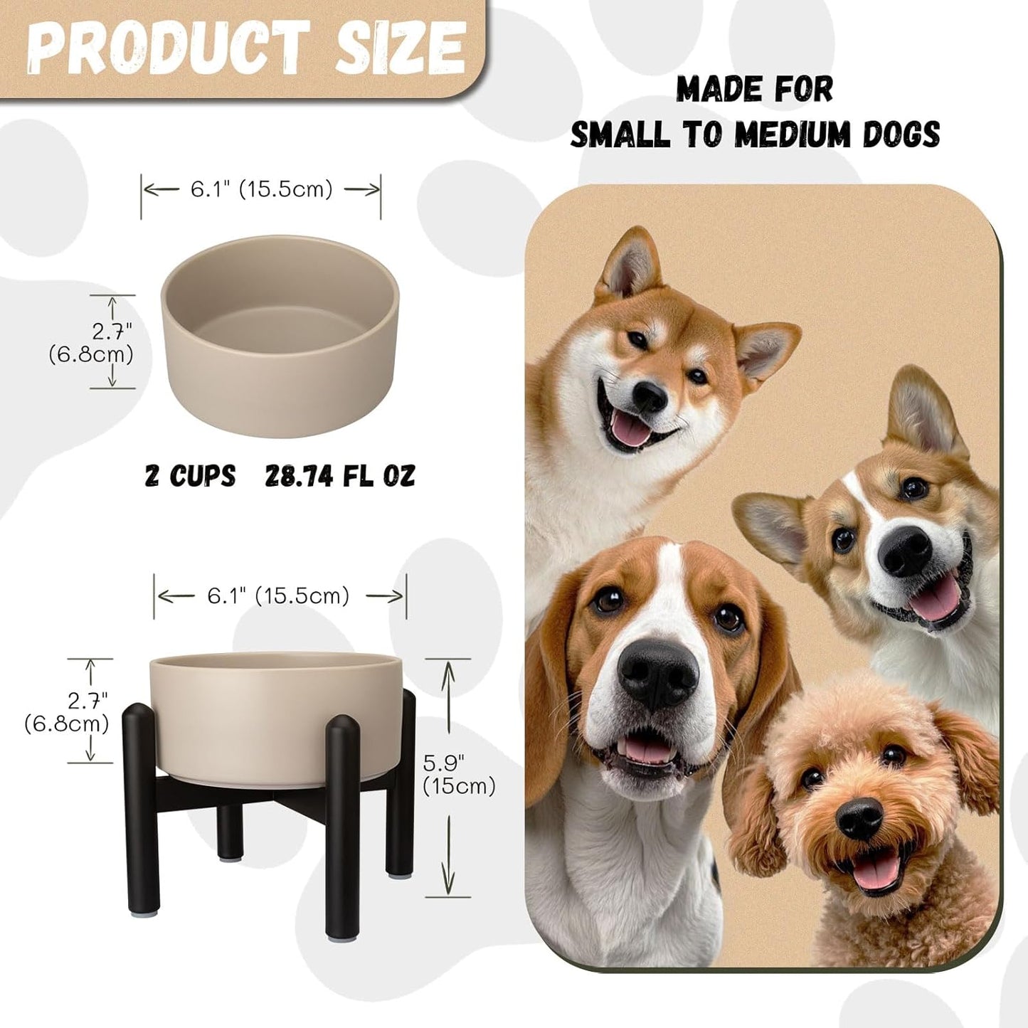 Raised Ceramic Dog Bowl Set - Elevated Double Dishes with Stainless Steel Stand - Food and Water Bowls for Small to Medium Dogs - Each Holds 3.5 Cups (29.57 fl oz) - White