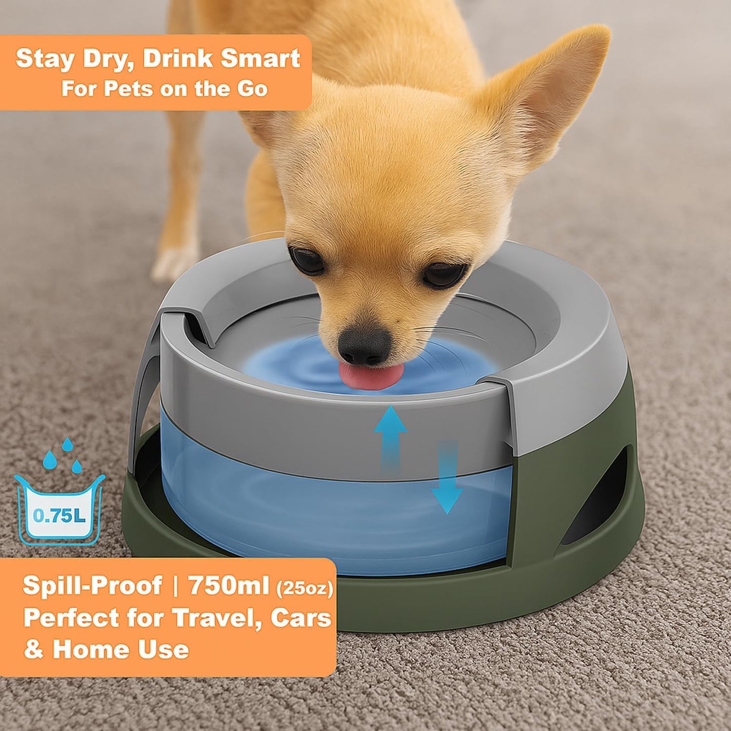 Pets No-Spill Slobber Stopper Water Bowl,Splash Proof Drinking Bowl for Home and Travel,No Messy No Drip No Sloppy Water Bowl for Sm-Med Dogs/Cats/Pets 25OZ
