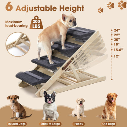 Dog Ramp for Bed - Foldable Small to Large Dog Ramp for Couch - 6 Adjustable Height from 12" to 24" - Stairs with High Traction Mat - Wooden Portable Ramp for Dogs to Get on Bed Couch Car Up to 200LBS
