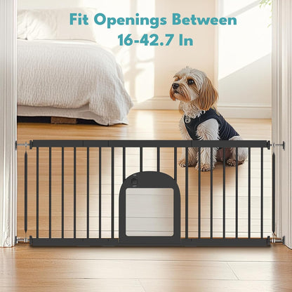 No Pawblems Dog Gate with Small Pet Door, 16"-42.7" Adjustable Metal Short Dog Gate to Step Over, 16.5" Tall Small Pet Gate with 3 Extension Kits, Pressure Mounted Gate for Doorways & Stairs, White