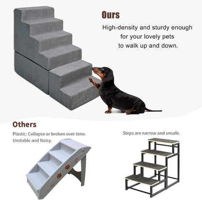 Dog Stairs for High Beds 30-36 inches Tall, 6-Step Dog Steps for Bed 32-36 inches for Small Large Dogs, Doggie Ramp for Bed, 30D Foam Pet Stairs for Old Dogs/Cats, Free-Installation, Grey
